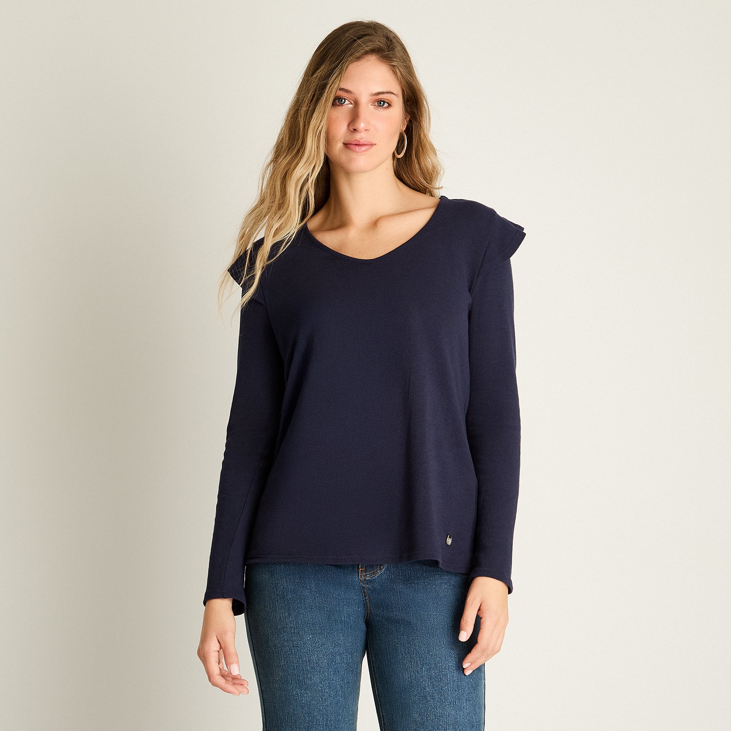Polera Azul Manga Larga Baja elasticidad Sin Forro Calce Normal